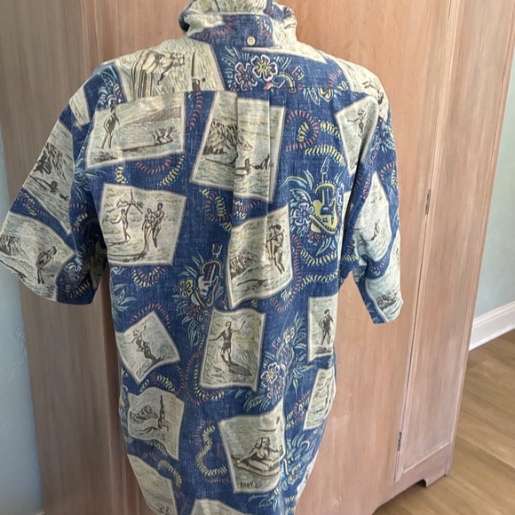 Reyn Spooner Shirt Vintage 80s Surf Hawaiian Reverse Print postcard blue popover - Picture 13 of 16